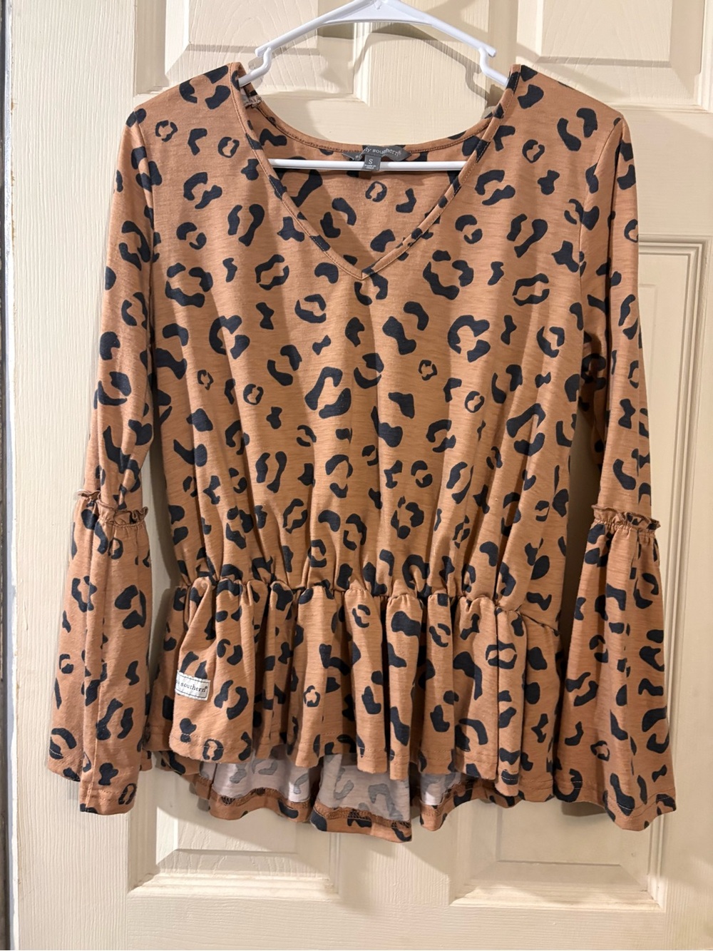 Simply Southern Women’s S Leopard Print V-Neck Ruffle Long Sleeve Blouse